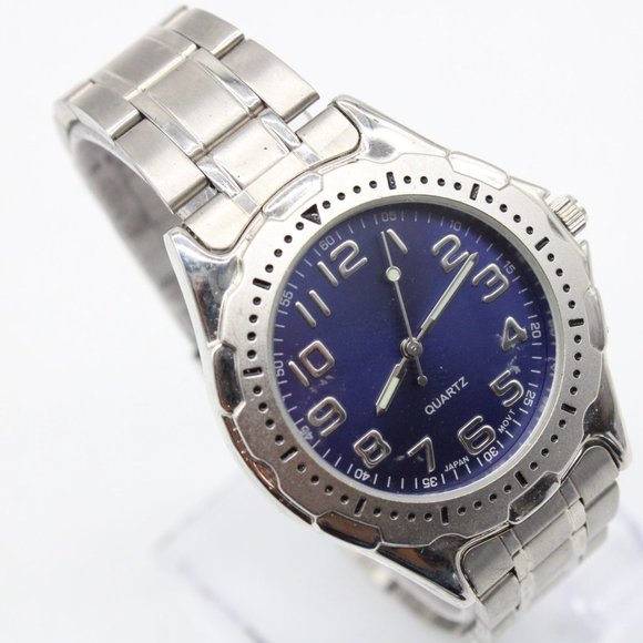 Vintage Advance Watch Mens Silver Tone Stainless Steel Classic Blue Slim Dial - Picture 1 of 8